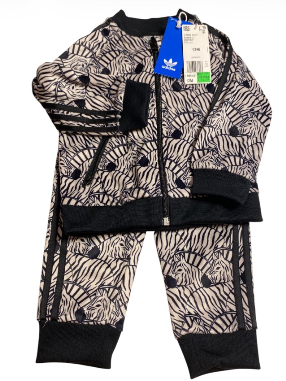 Adidas Baby Zebra-Print Track Set -Velour Feel Black & Cream NWT size 12 Months